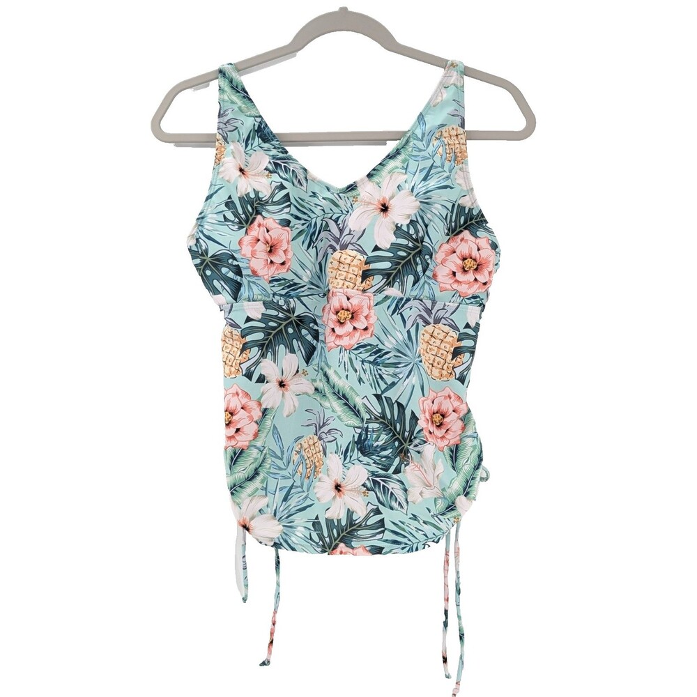 Tropical Blue Floral Side Cinch Removeable Pads Tankini Bathing Suit Top Size XL